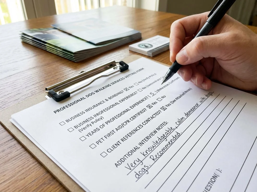 Hand holding pen over checklist of questions for hiring professional dog walker
