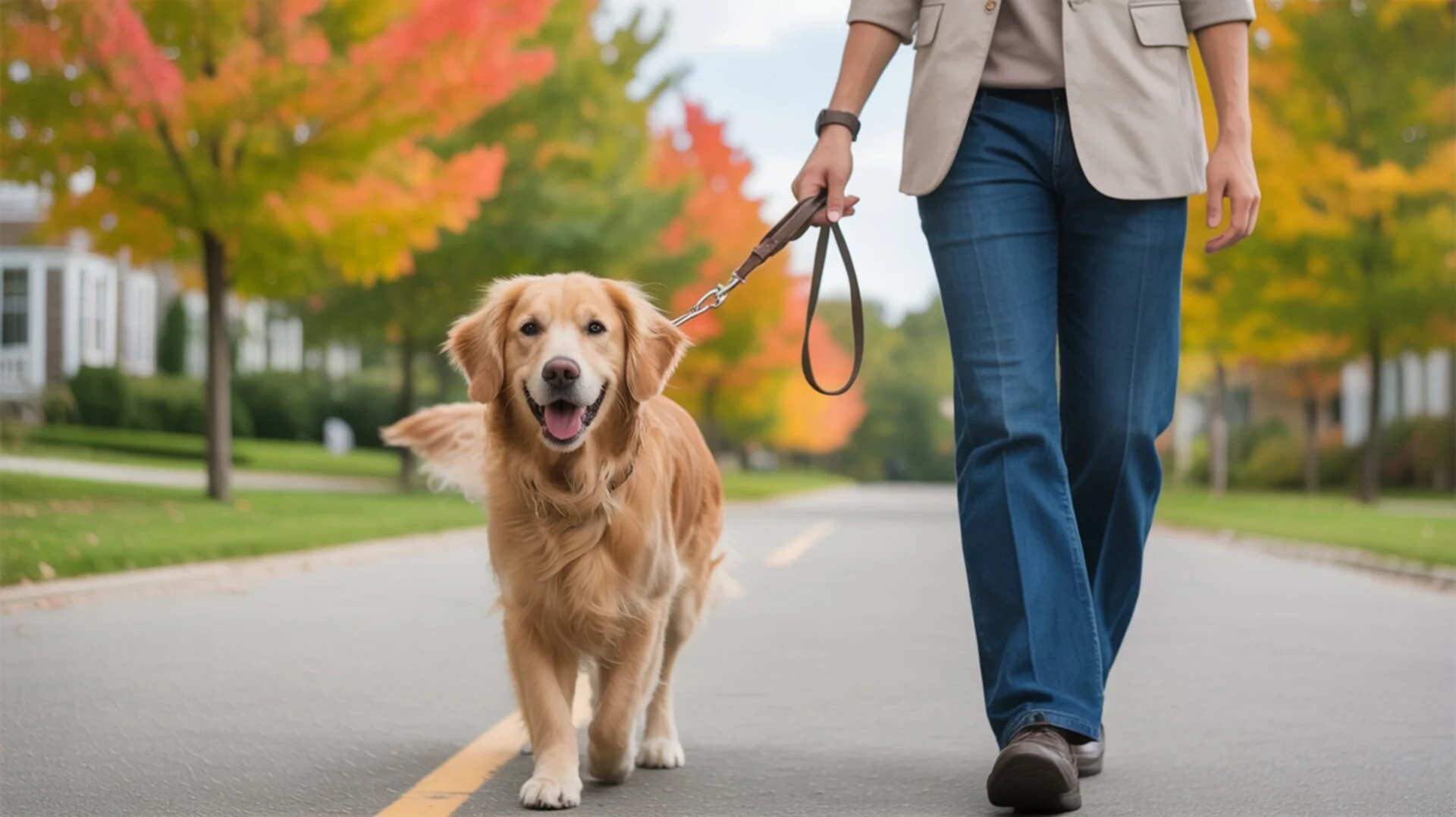 Professional dog walking service in Connecticut - Golden retriever with pet care specialist Professional dog walking service in Connecticut - Golden retriever with pet care specialist