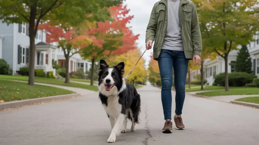 Border collie walking on tree-lined Connecticut street in autumn Border collie walking on tree-lined Connecticut street in autumn