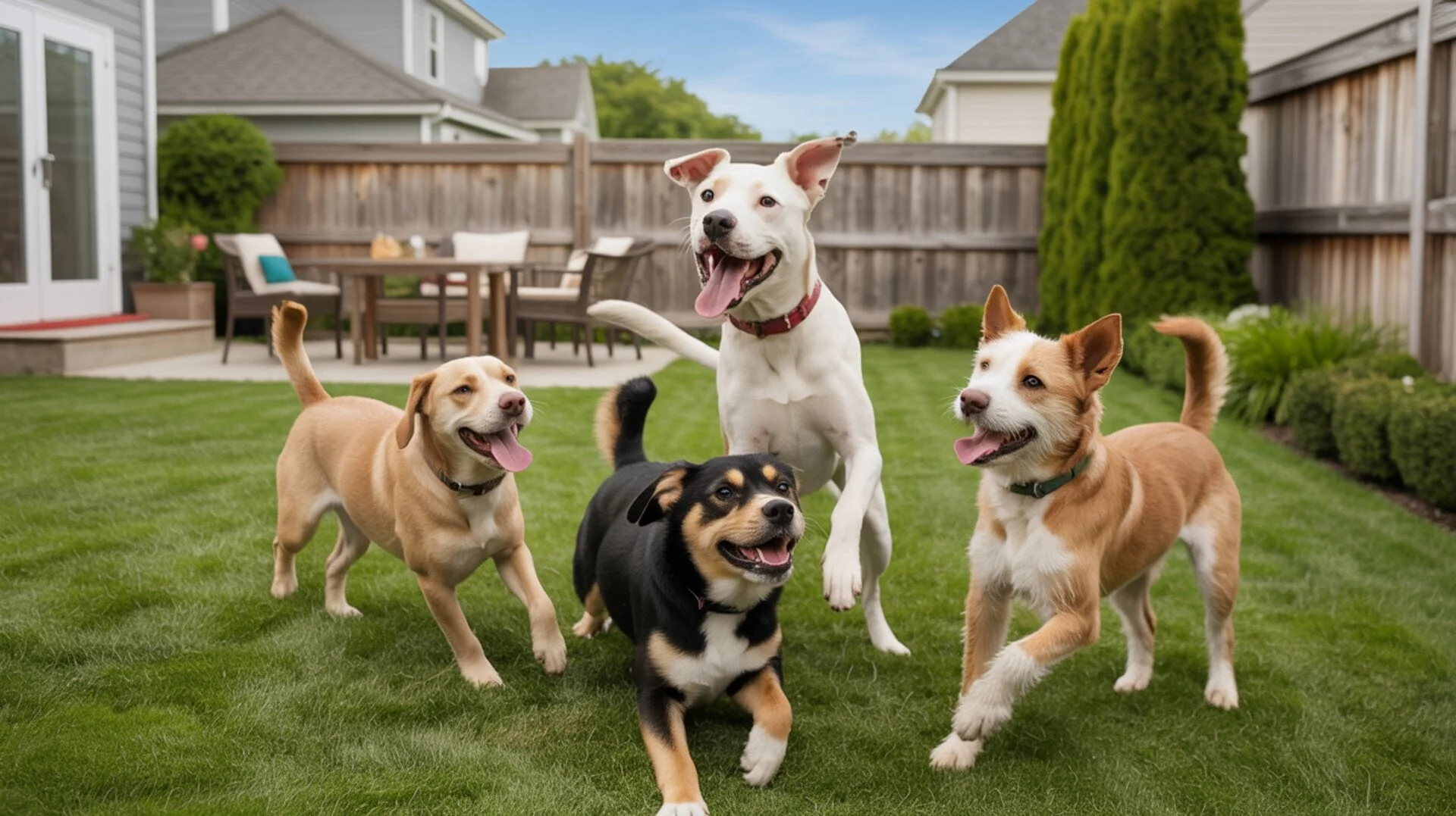 Dogs playing together in backyard - Professional pet care services Dogs playing together in backyard - Professional pet care services